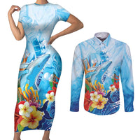 Polynesia Humpback Whale Couples Matching Short Sleeve Bodycon Dress and Long Sleeve Button Shirt Ocean Style