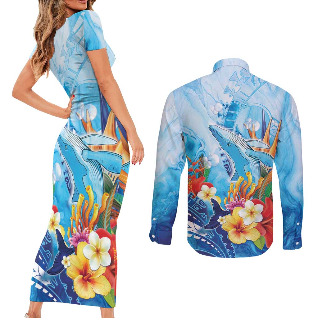 Polynesia Humpback Whale Couples Matching Short Sleeve Bodycon Dress and Long Sleeve Button Shirt Ocean Style