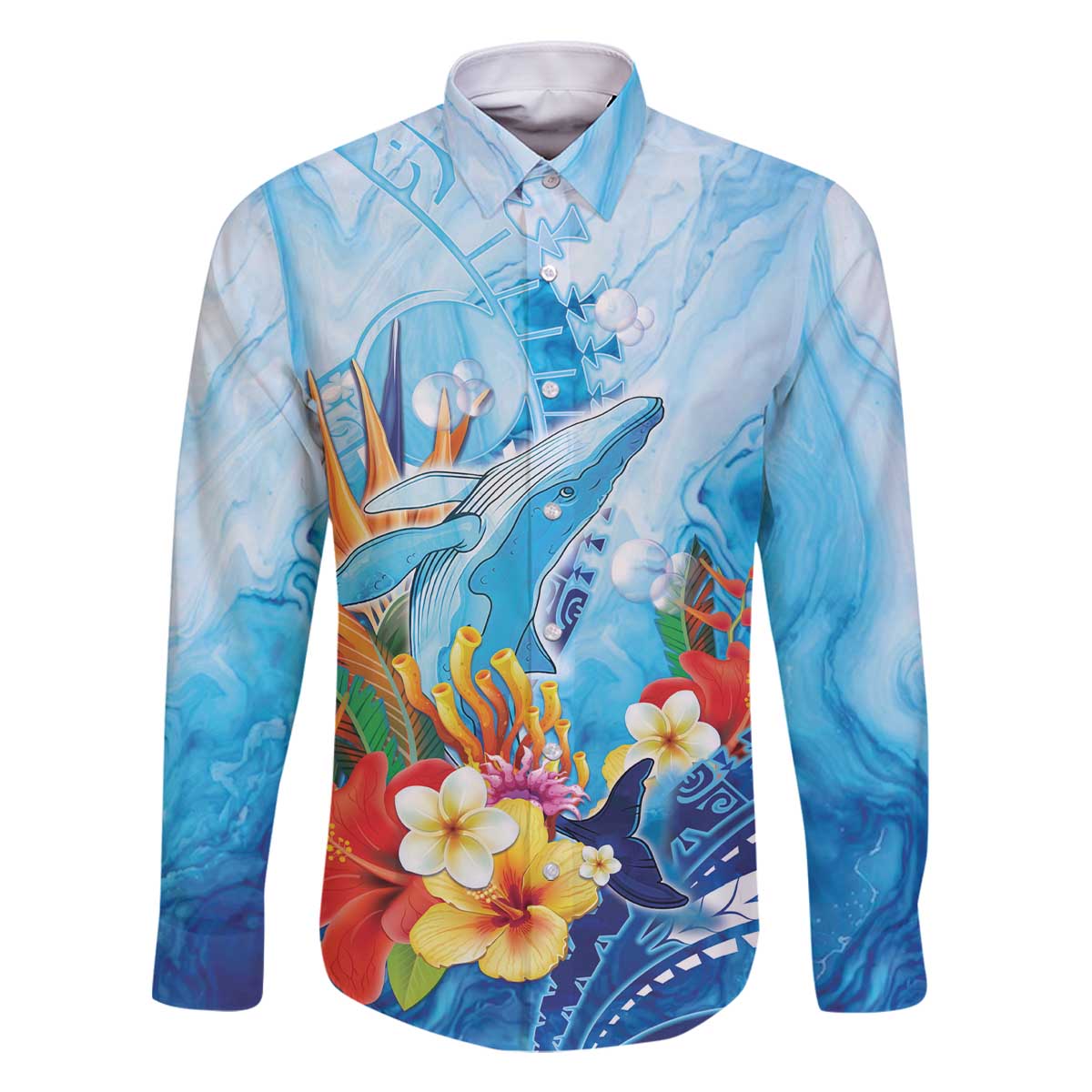 Polynesia Humpback Whale Family Matching Off The Shoulder Long Sleeve Dress and Hawaiian Shirt Ocean Style