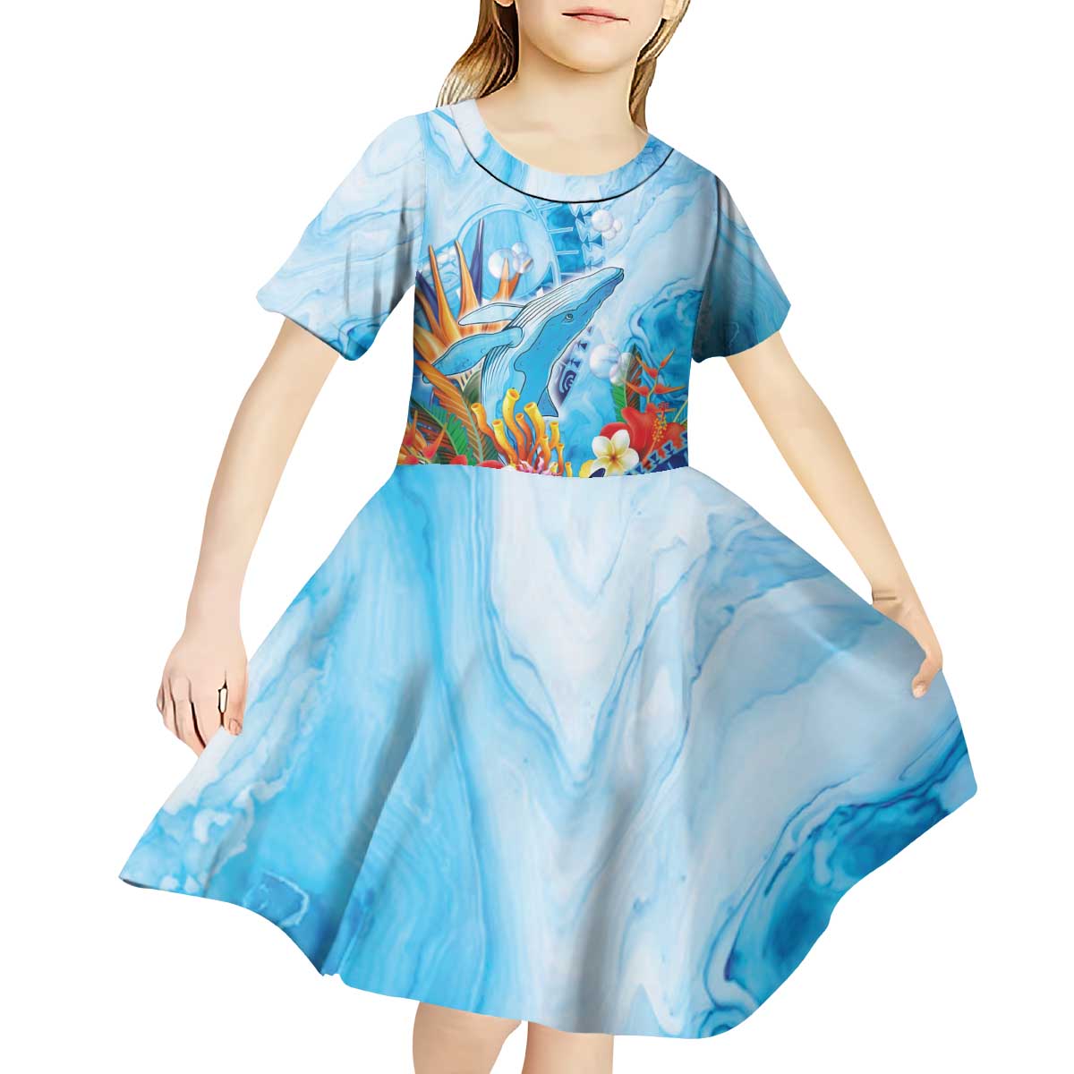 Polynesia Humpback Whale Kid Short Sleeve Dress Ocean Style