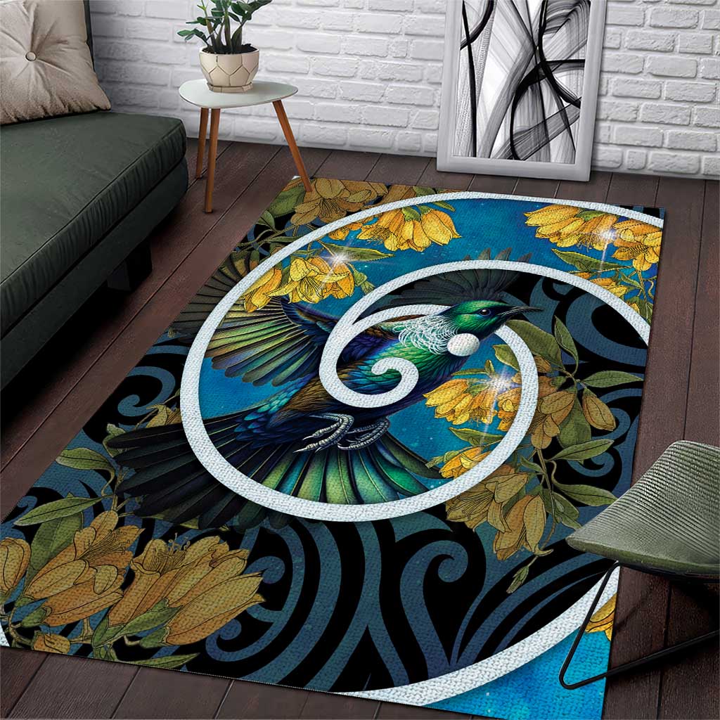 New Zealand Tui Bird Area Rug Maori Koru With Kowhai Flowers
