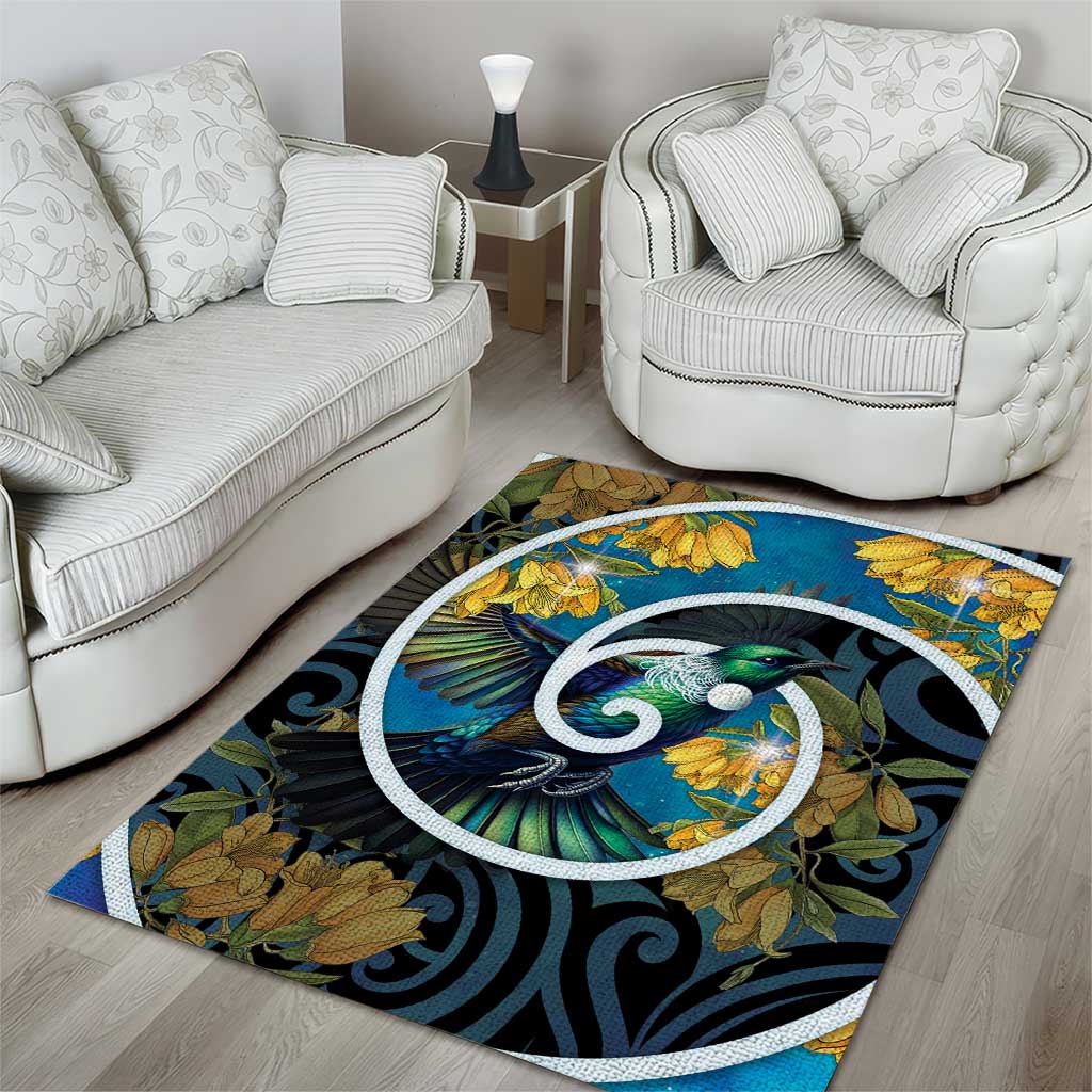 New Zealand Tui Bird Area Rug Maori Koru With Kowhai Flowers