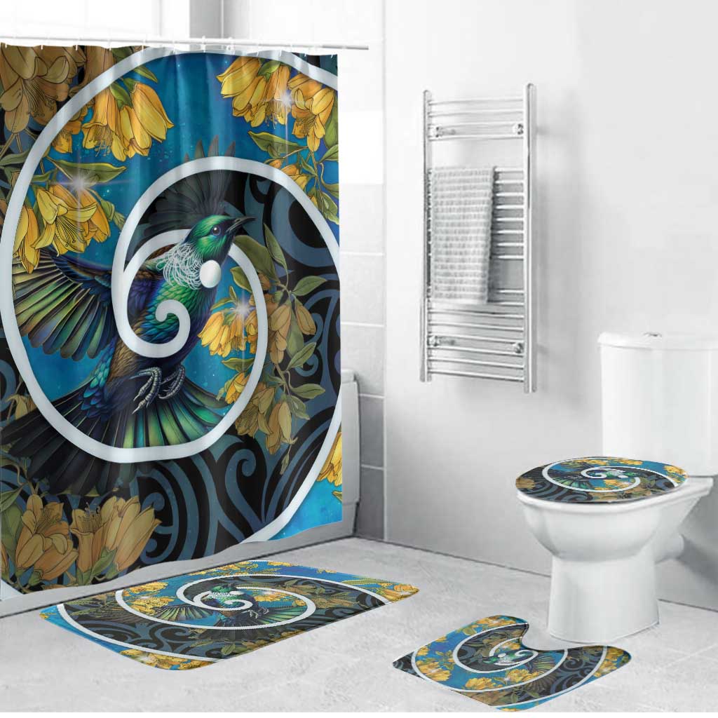 New Zealand Tui Bird Bathroom Set Maori Koru With Kowhai Flowers