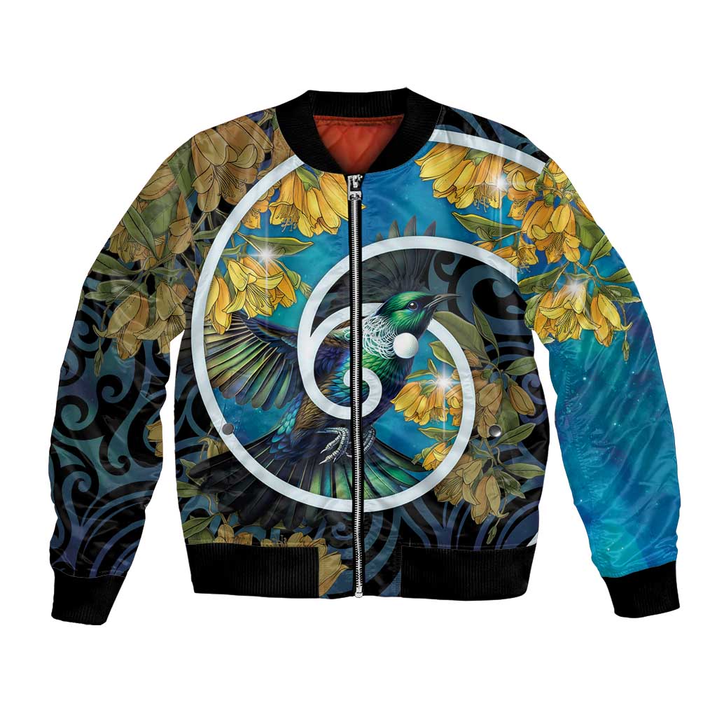 New Zealand Tui Bird Bomber Jacket Maori Koru With Kowhai Flowers LT05 Unisex Black - Polynesian Pride