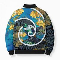 New Zealand Tui Bird Bomber Puffer Jacket Maori Koru With Kowhai Flowers