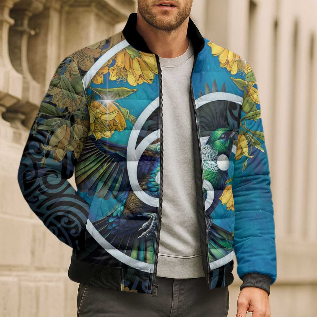 New Zealand Tui Bird Bomber Puffer Jacket Maori Koru With Kowhai Flowers