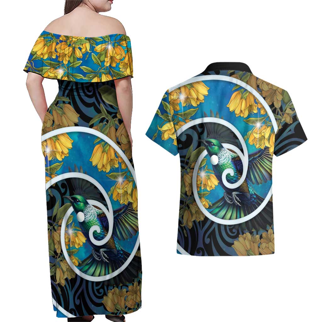 New Zealand Tui Bird Couples Matching Off Shoulder Maxi Dress and Hawaiian Shirt Maori Koru With Kowhai Flowers