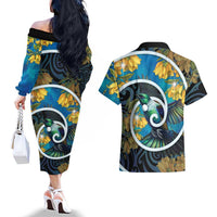 New Zealand Tui Bird Couples Matching Off The Shoulder Long Sleeve Dress and Hawaiian Shirt Maori Koru With Kowhai Flowers