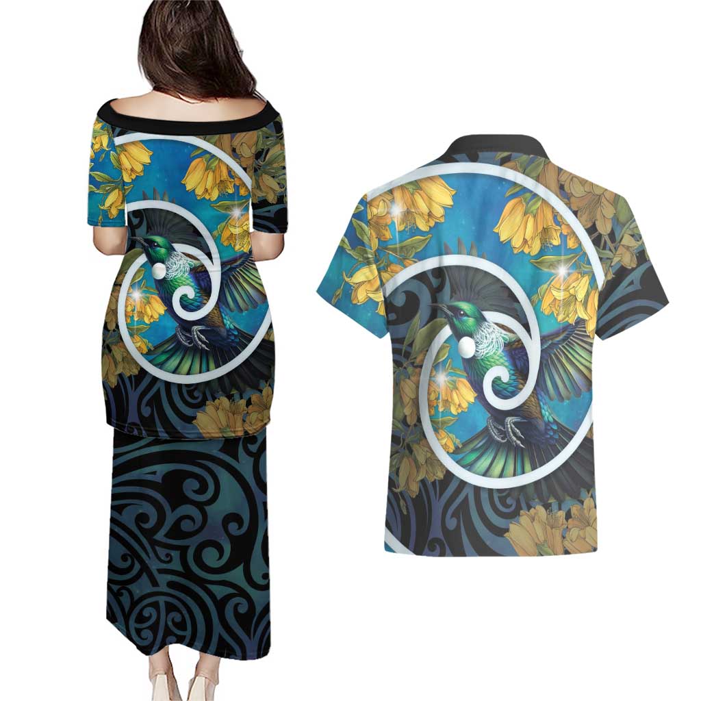 New Zealand Tui Bird Couples Matching Puletasi and Hawaiian Shirt Maori Koru With Kowhai Flowers