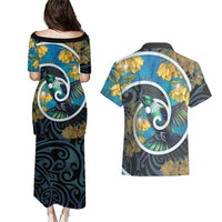 New Zealand Tui Bird Couples Matching Puletasi and Hawaiian Shirt Maori Koru With Kowhai Flowers