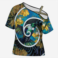 New Zealand Tui Bird Cross Shoulder Shirt Maori Koru With Kowhai Flowers