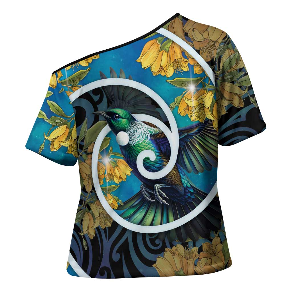 New Zealand Tui Bird Cross Shoulder Shirt Maori Koru With Kowhai Flowers
