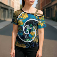 New Zealand Tui Bird Cross Shoulder Shirt Maori Koru With Kowhai Flowers