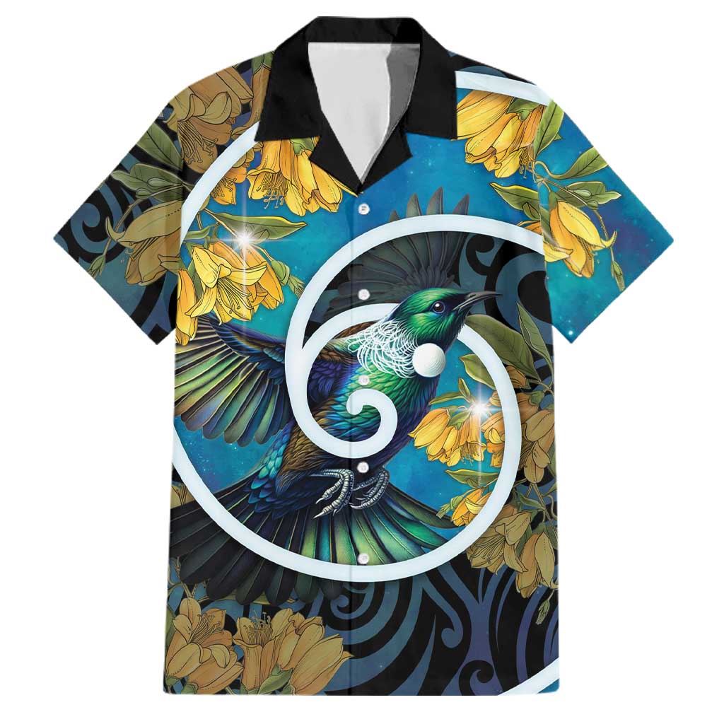 New Zealand Tui Bird Family Matching Long Sleeve Bodycon Dress and Hawaiian Shirt Maori Koru With Kowhai Flowers