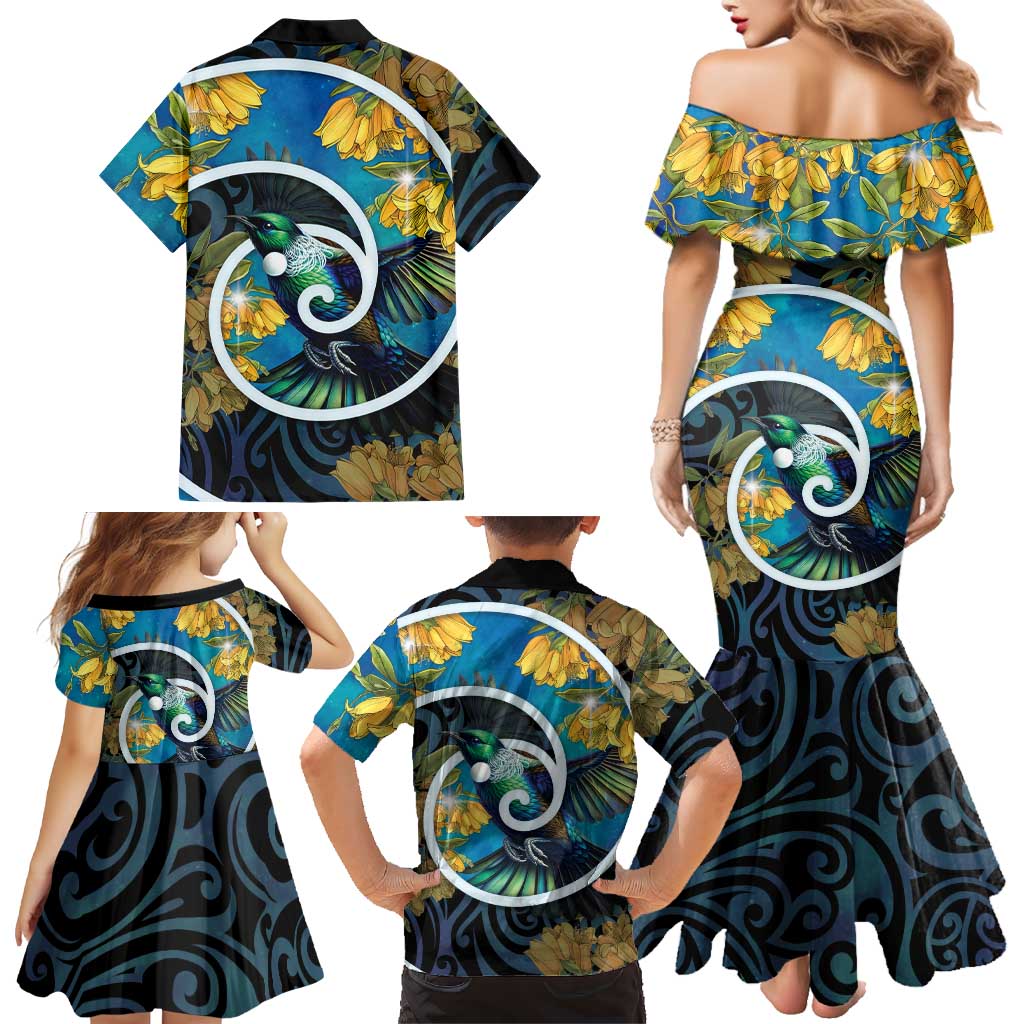 New Zealand Tui Bird Family Matching Mermaid Dress and Hawaiian Shirt Maori Koru With Kowhai Flowers