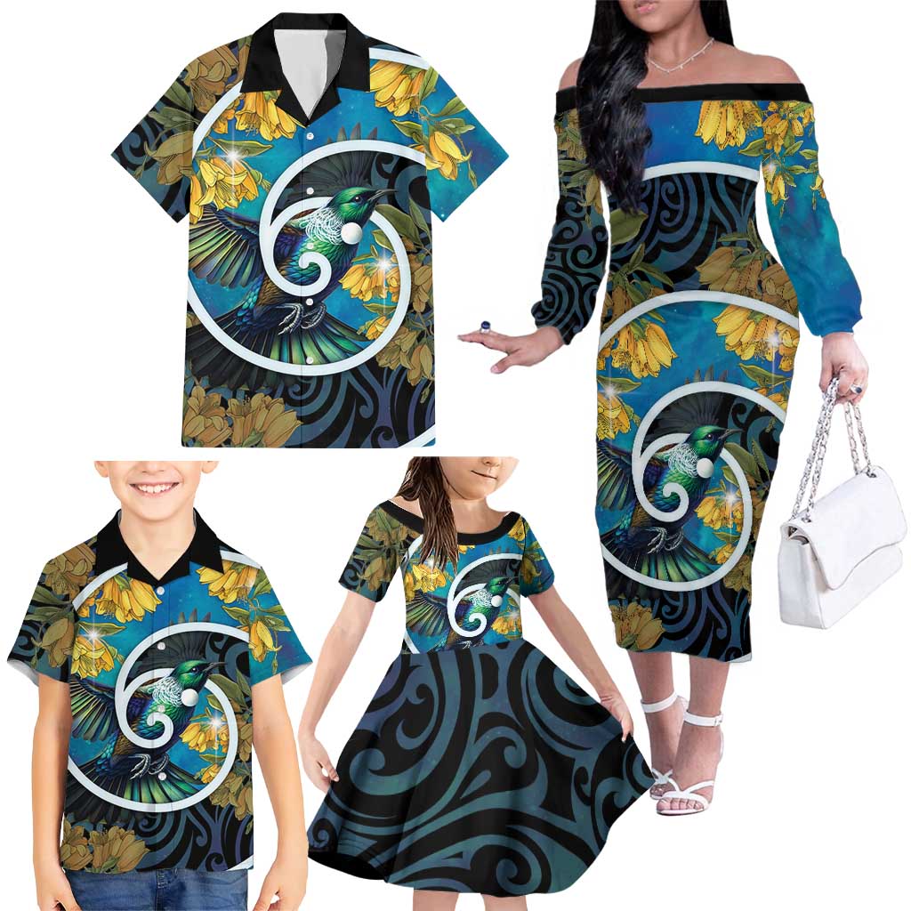 New Zealand Tui Bird Family Matching Off The Shoulder Long Sleeve Dress and Hawaiian Shirt Maori Koru With Kowhai Flowers