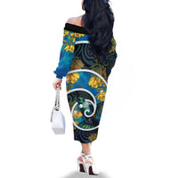 New Zealand Tui Bird Family Matching Off The Shoulder Long Sleeve Dress and Hawaiian Shirt Maori Koru With Kowhai Flowers