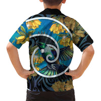 New Zealand Tui Bird Family Matching Off Shoulder Maxi Dress and Hawaiian Shirt Maori Koru With Kowhai Flowers