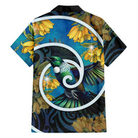New Zealand Tui Bird Family Matching Off Shoulder Maxi Dress and Hawaiian Shirt Maori Koru With Kowhai Flowers