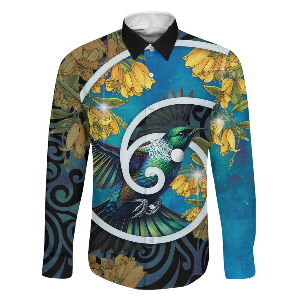 New Zealand Tui Bird Family Matching Off Shoulder Maxi Dress and Hawaiian Shirt Maori Koru With Kowhai Flowers