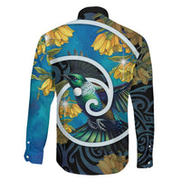 New Zealand Tui Bird Family Matching Off Shoulder Maxi Dress and Hawaiian Shirt Maori Koru With Kowhai Flowers