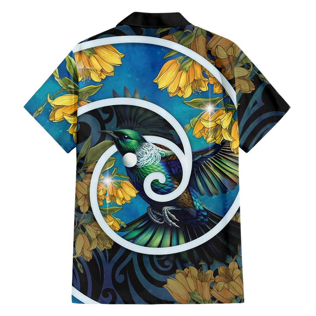 New Zealand Tui Bird Family Matching Off Shoulder Short Dress and Hawaiian Shirt Maori Koru With Kowhai Flowers