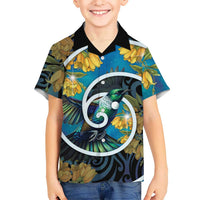New Zealand Tui Bird Family Matching Off Shoulder Short Dress and Hawaiian Shirt Maori Koru With Kowhai Flowers