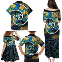 New Zealand Tui Bird Family Matching Puletasi and Hawaiian Shirt Maori Koru With Kowhai Flowers