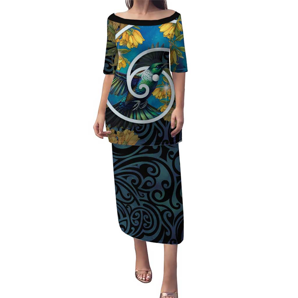 New Zealand Tui Bird Family Matching Puletasi and Hawaiian Shirt Maori Koru With Kowhai Flowers
