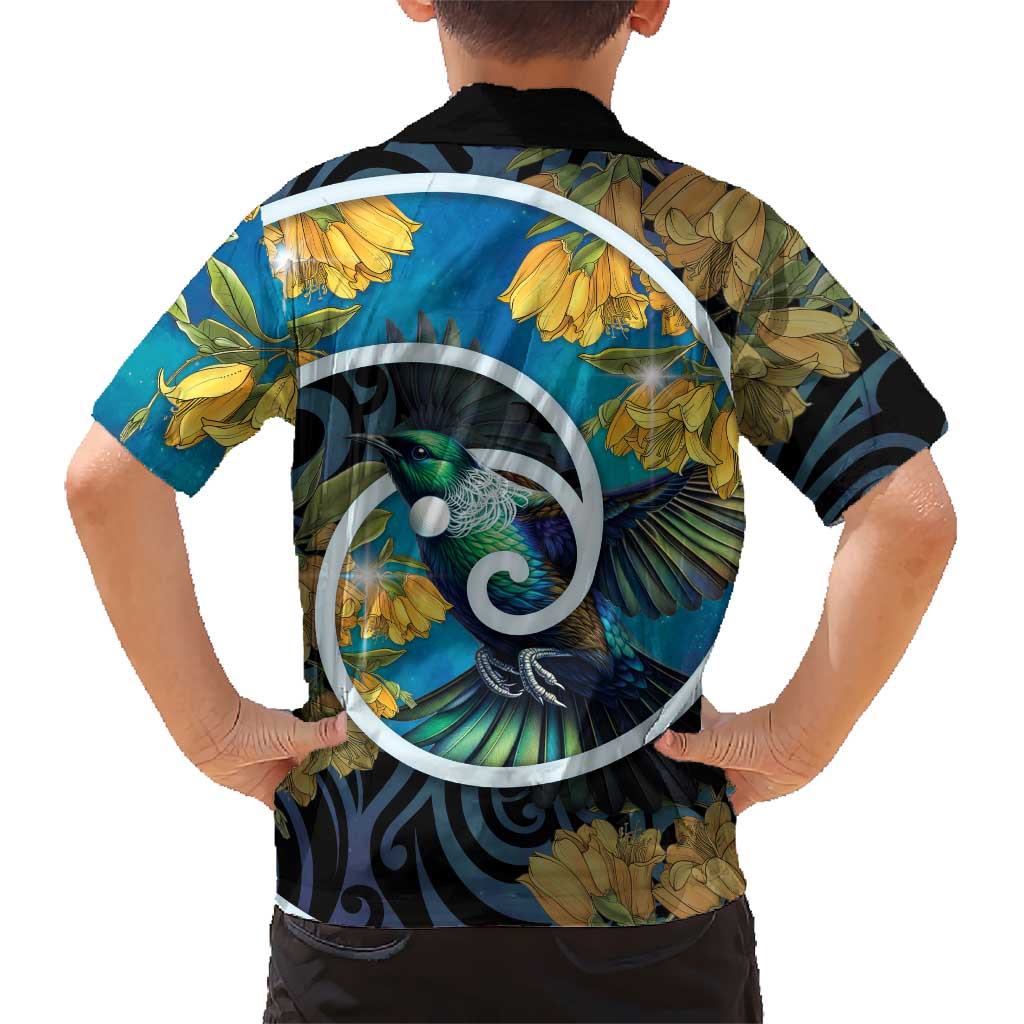 New Zealand Tui Bird Family Matching Short Sleeve Bodycon Dress and Hawaiian Shirt Maori Koru With Kowhai Flowers