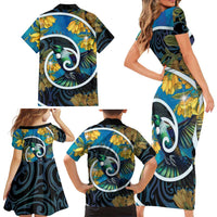 New Zealand Tui Bird Family Matching Short Sleeve Bodycon Dress and Hawaiian Shirt Maori Koru With Kowhai Flowers
