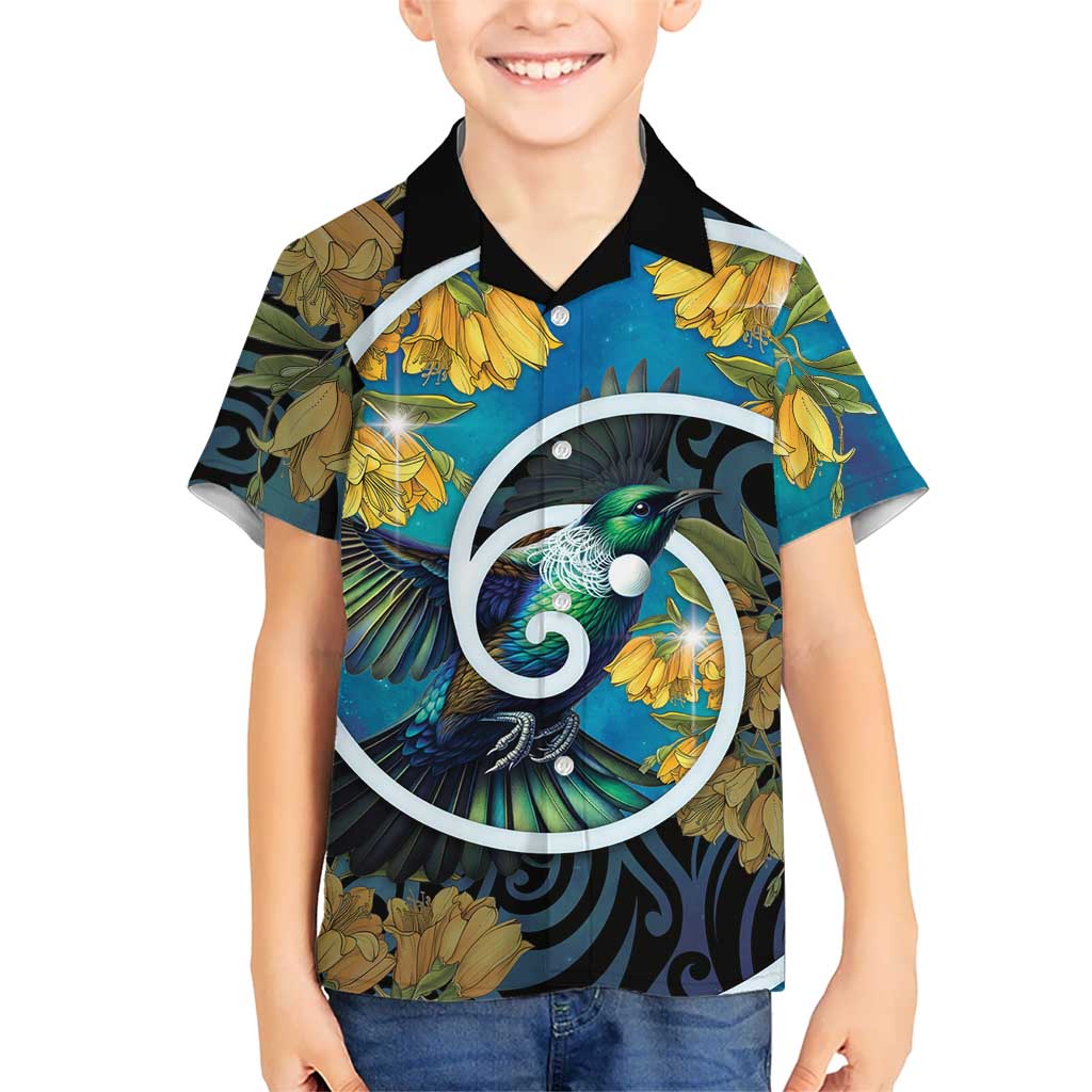 New Zealand Tui Bird Family Matching Summer Maxi Dress and Hawaiian Shirt Maori Koru With Kowhai Flowers