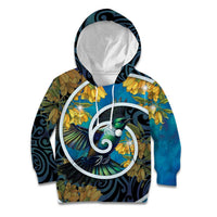 New Zealand Tui Bird Kid Hoodie Maori Koru With Kowhai Flowers