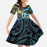 New Zealand Tui Bird Kid Short Sleeve Dress Maori Koru With Kowhai Flowers