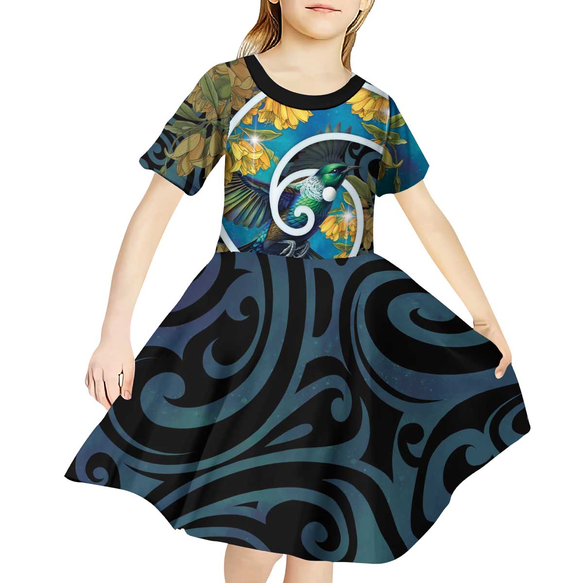 New Zealand Tui Bird Kid Short Sleeve Dress Maori Koru With Kowhai Flowers