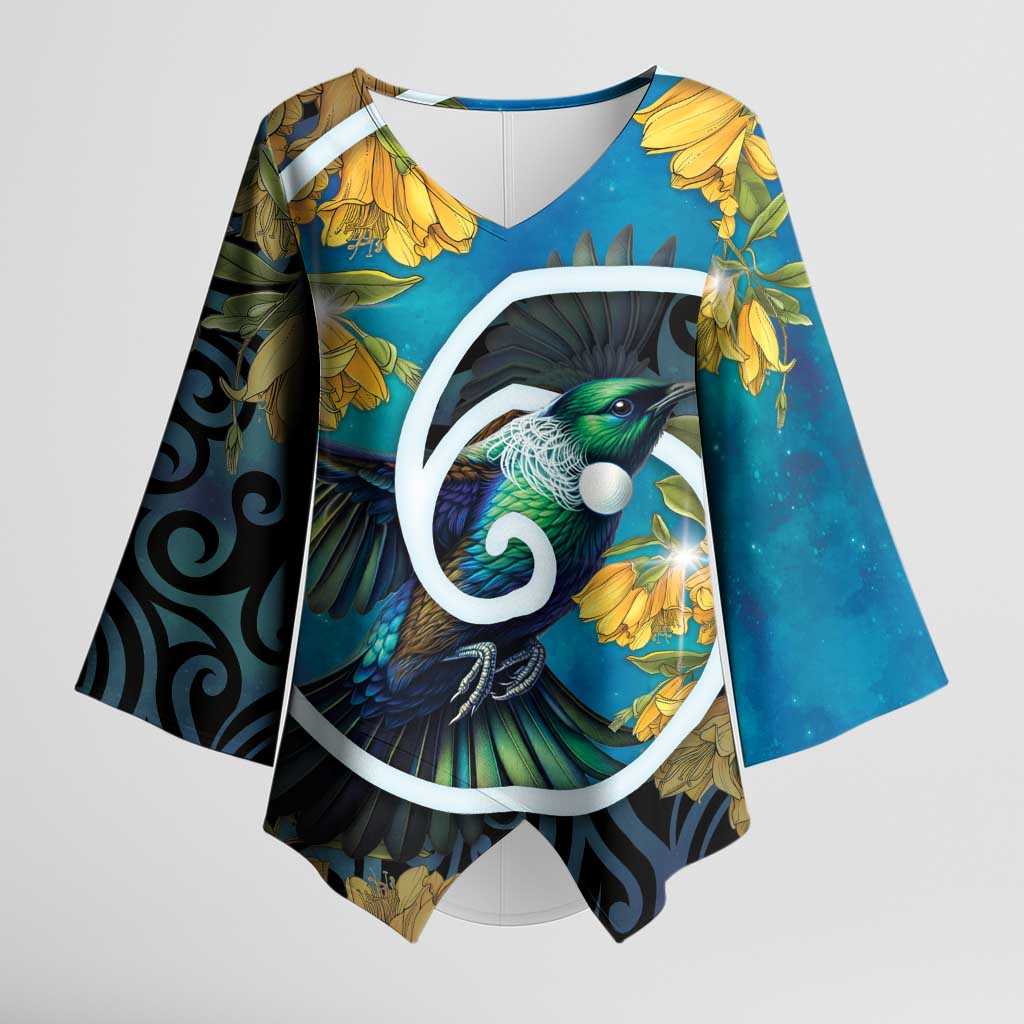 New Zealand Tui Bird Kimono Sleeve Blouse Maori Koru With Kowhai Flowers