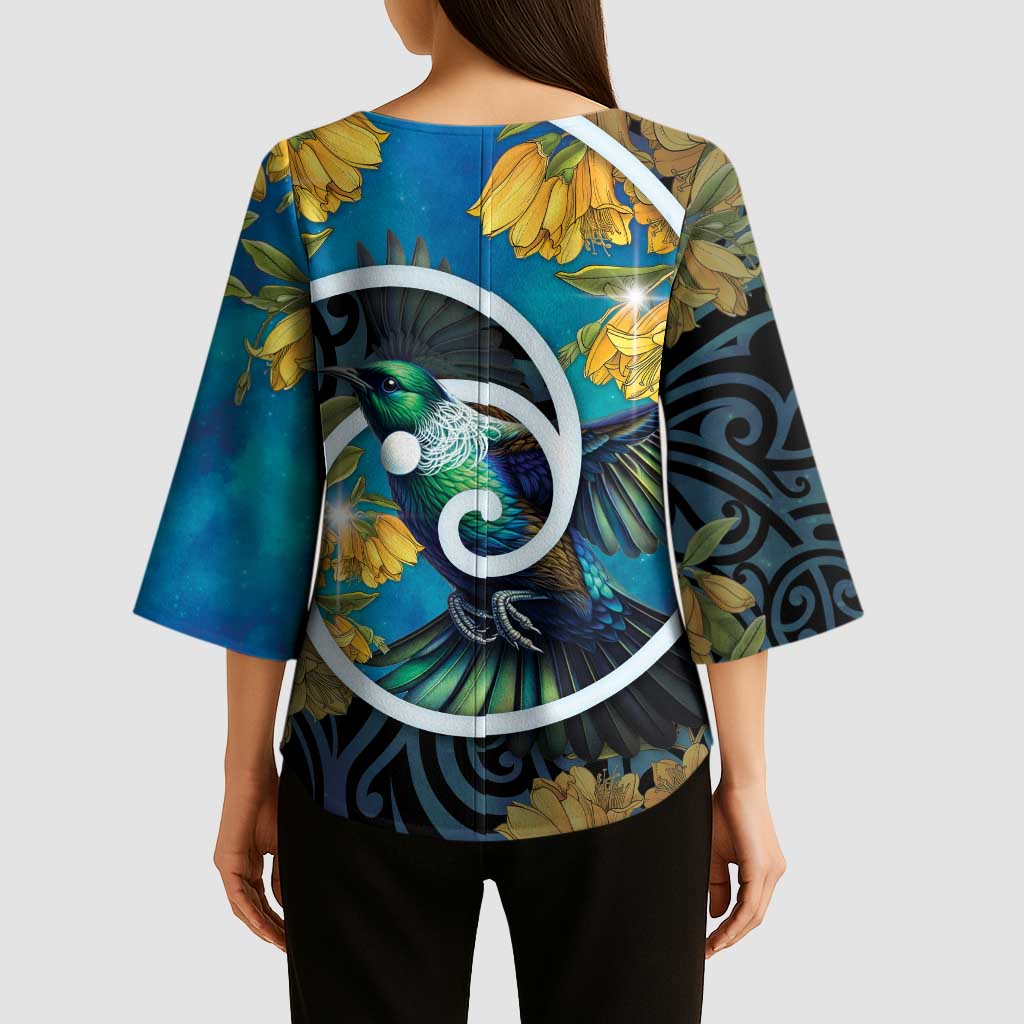 New Zealand Tui Bird Kimono Sleeve Blouse Maori Koru With Kowhai Flowers