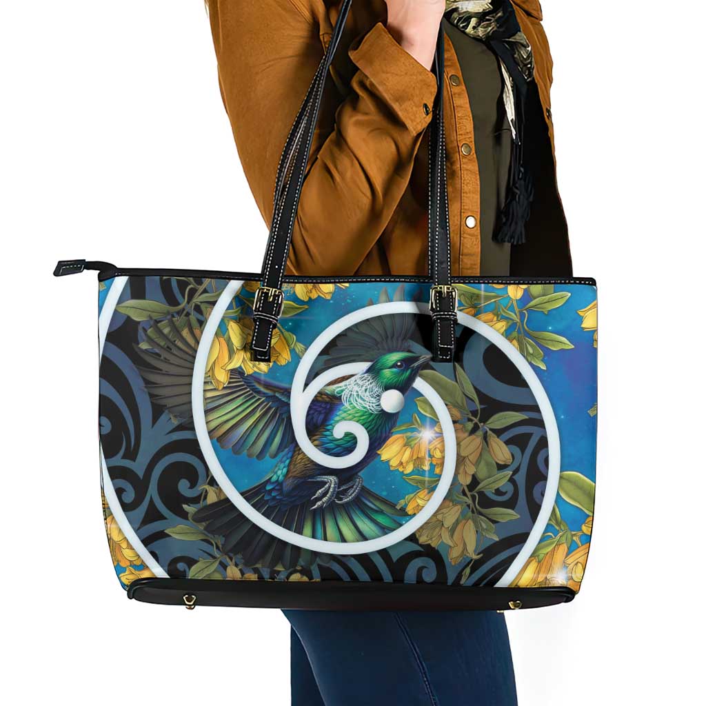 New Zealand Tui Bird Leather Tote Bag Maori Koru With Kowhai Flowers