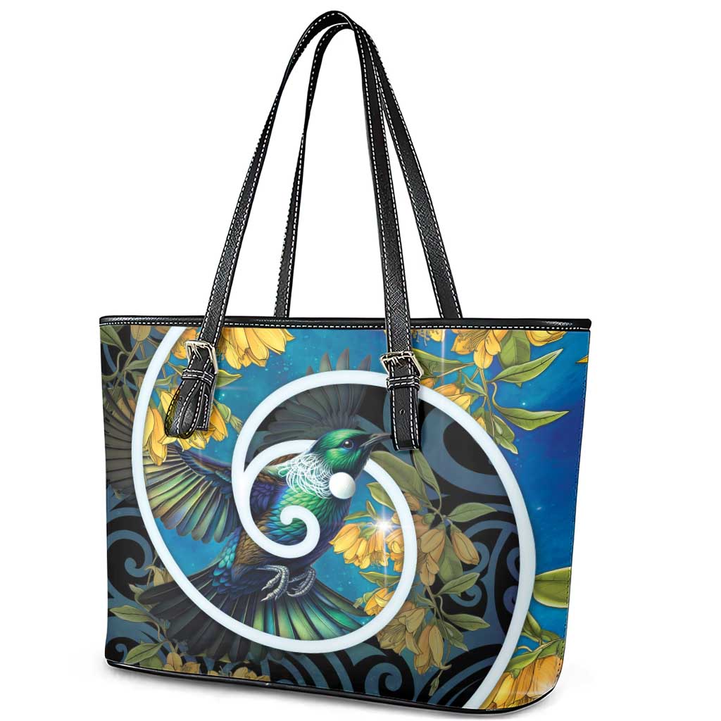 New Zealand Tui Bird Leather Tote Bag Maori Koru With Kowhai Flowers