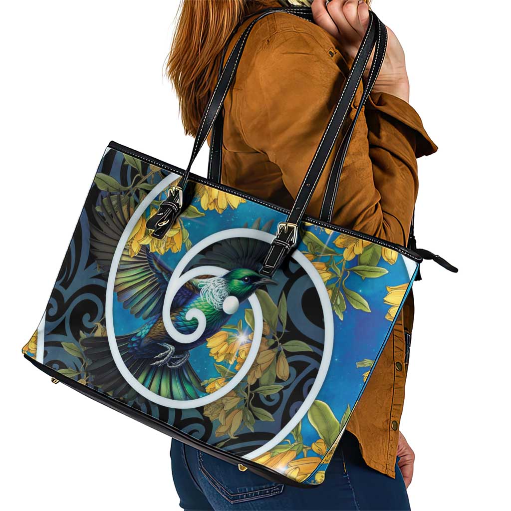 New Zealand Tui Bird Leather Tote Bag Maori Koru With Kowhai Flowers