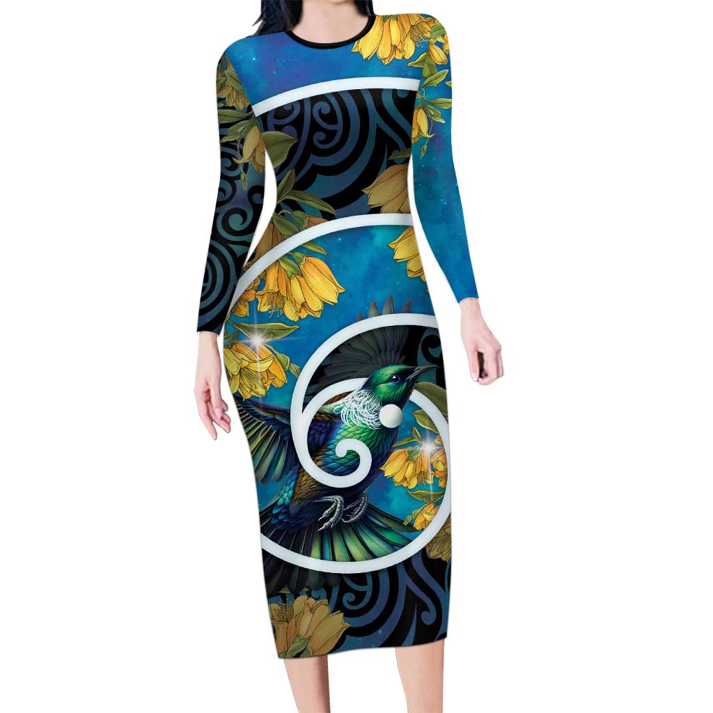 New Zealand Tui Bird Long Sleeve Bodycon Dress Maori Koru With Kowhai Flowers