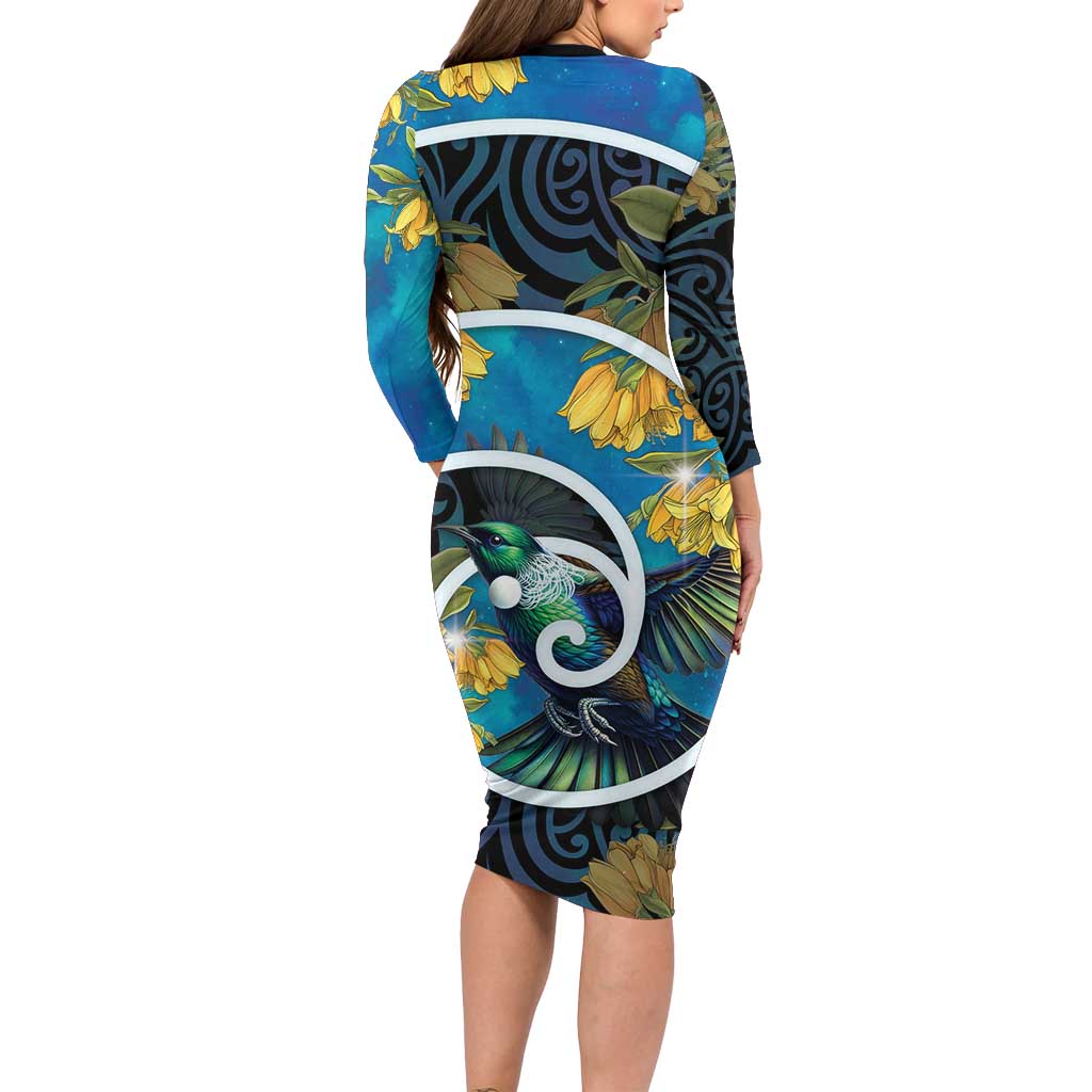 New Zealand Tui Bird Long Sleeve Bodycon Dress Maori Koru With Kowhai Flowers