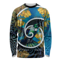 New Zealand Tui Bird Long Sleeve Shirt Maori Koru With Kowhai Flowers
