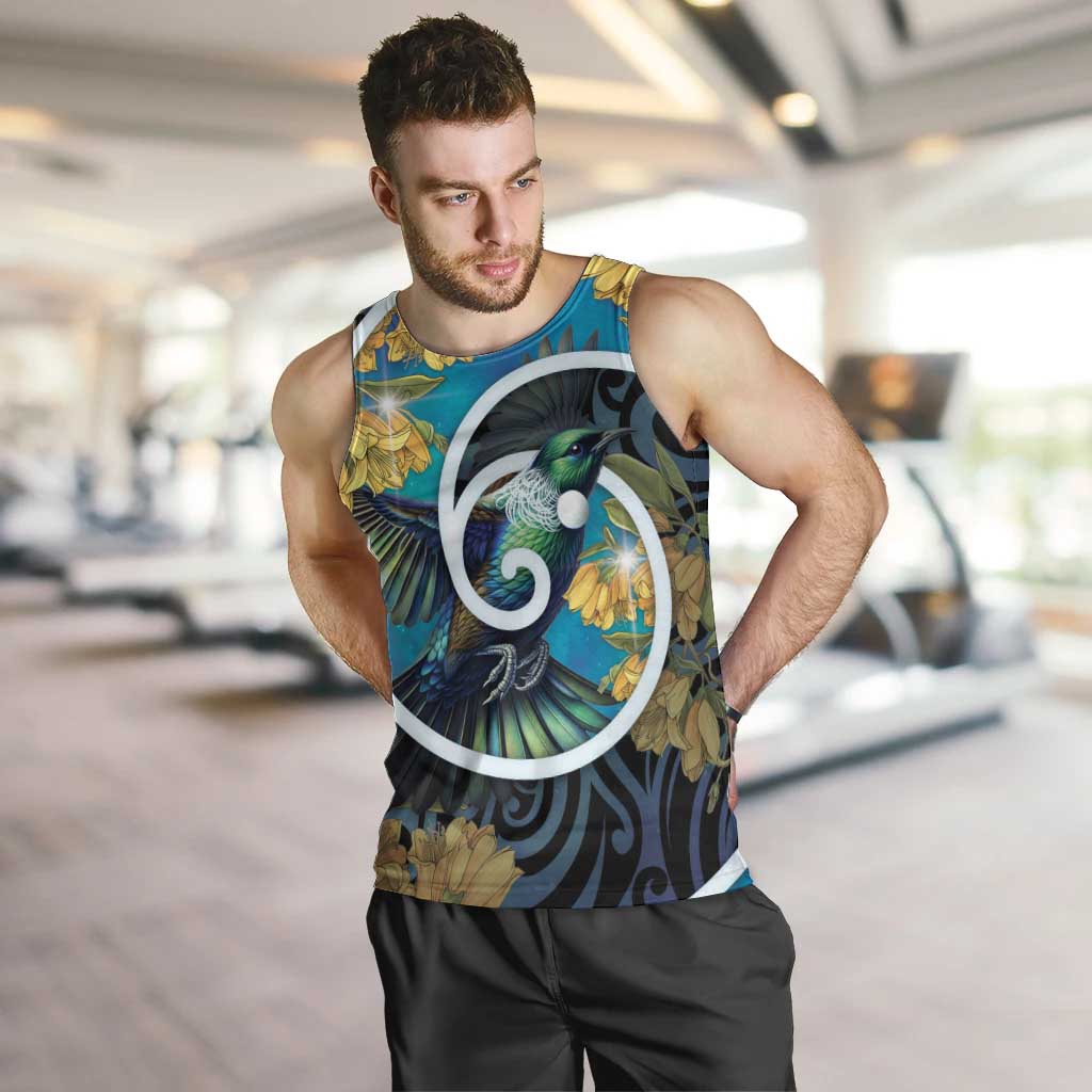 New Zealand Tui Bird Men Tank Top Maori Koru With Kowhai Flowers