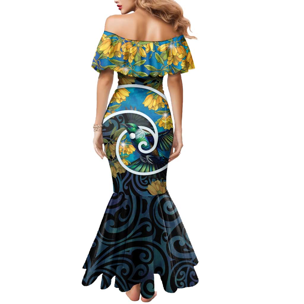 New Zealand Tui Bird Mermaid Dress Maori Koru With Kowhai Flowers