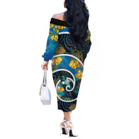 New Zealand Tui Bird Off The Shoulder Long Sleeve Dress Maori Koru With Kowhai Flowers