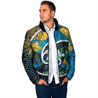 New Zealand Tui Bird Padded Jacket Maori Koru With Kowhai Flowers