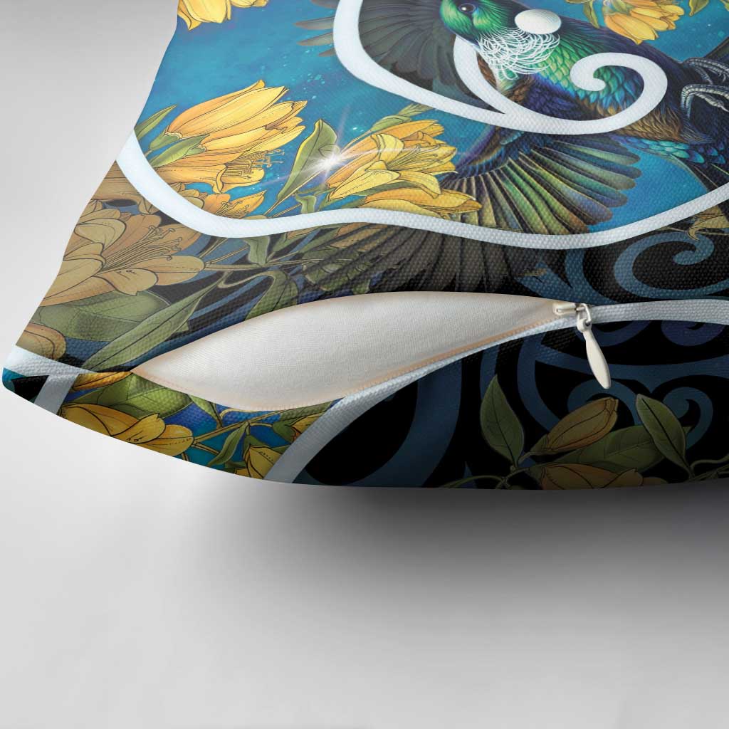 New Zealand Tui Bird Pillow Cover Maori Koru With Kowhai Flowers