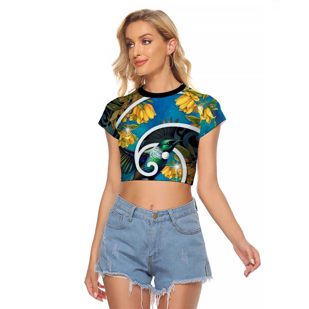 New Zealand Tui Bird Raglan Cropped T Shirt Maori Koru With Kowhai Flowers