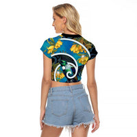 New Zealand Tui Bird Raglan Cropped T Shirt Maori Koru With Kowhai Flowers